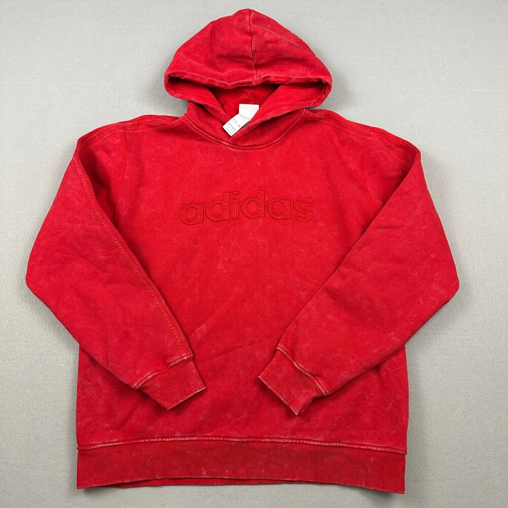 Adidas Hoodie Men Medium Red Script Essential Pullover Washed Fleece Sweatshirt